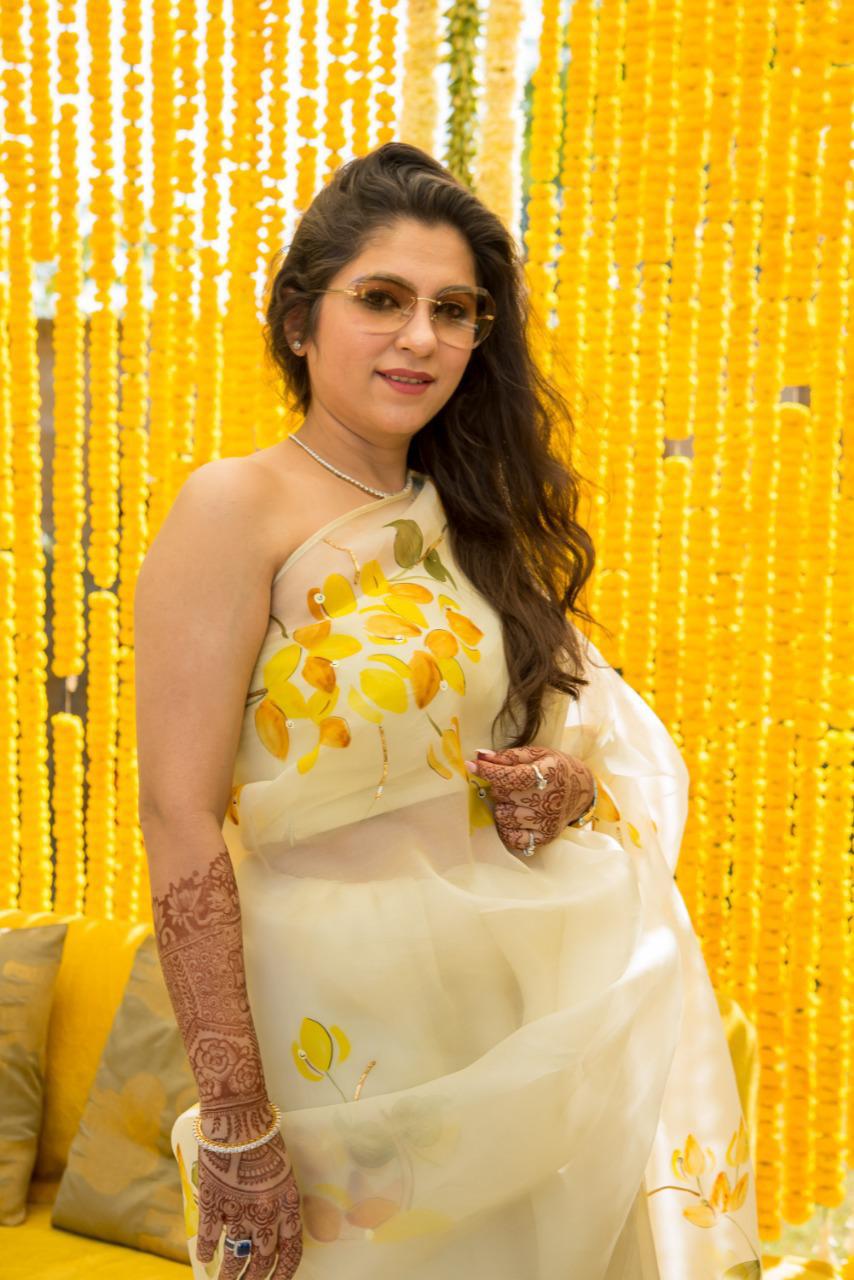 Shaded Bougainville's on Lemon Organza Saree