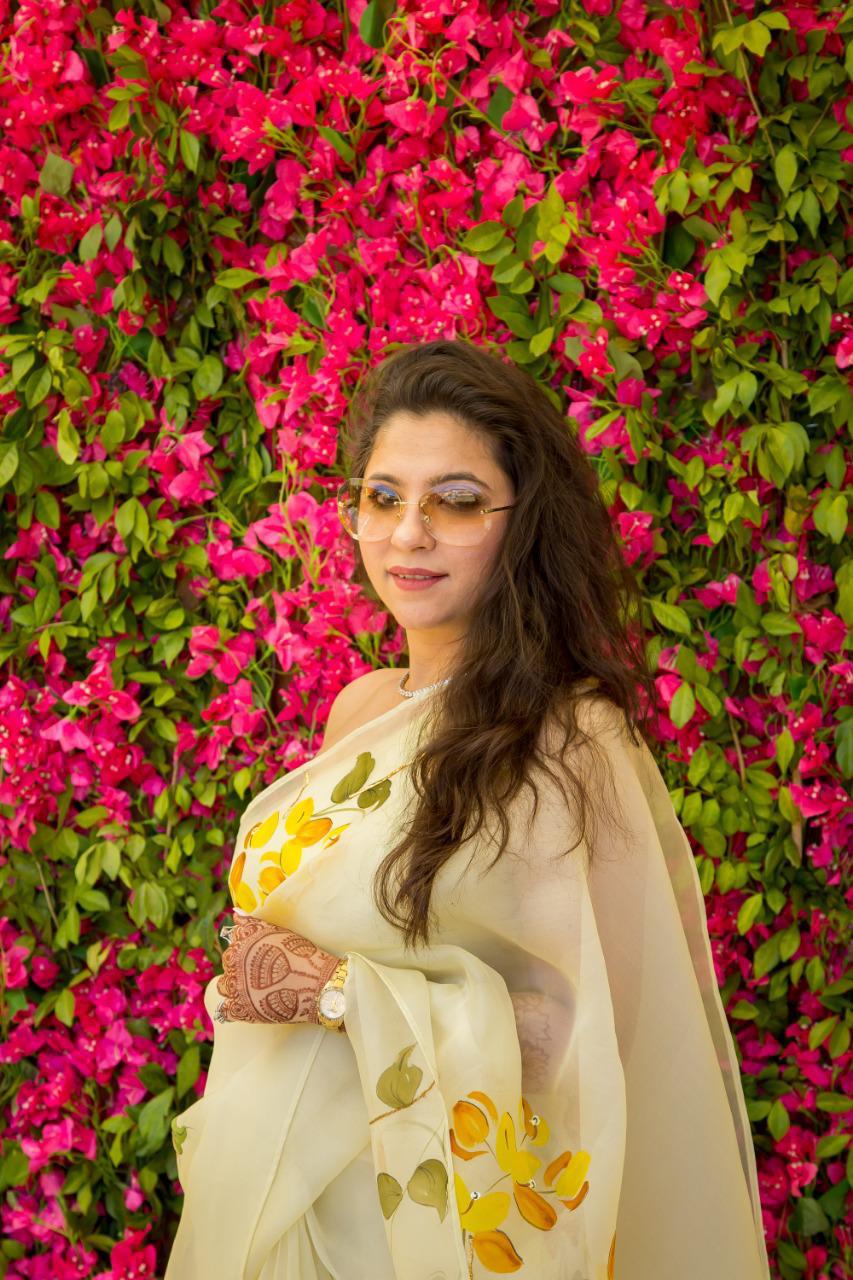 Shaded Bougainville's on Lemon Organza Saree