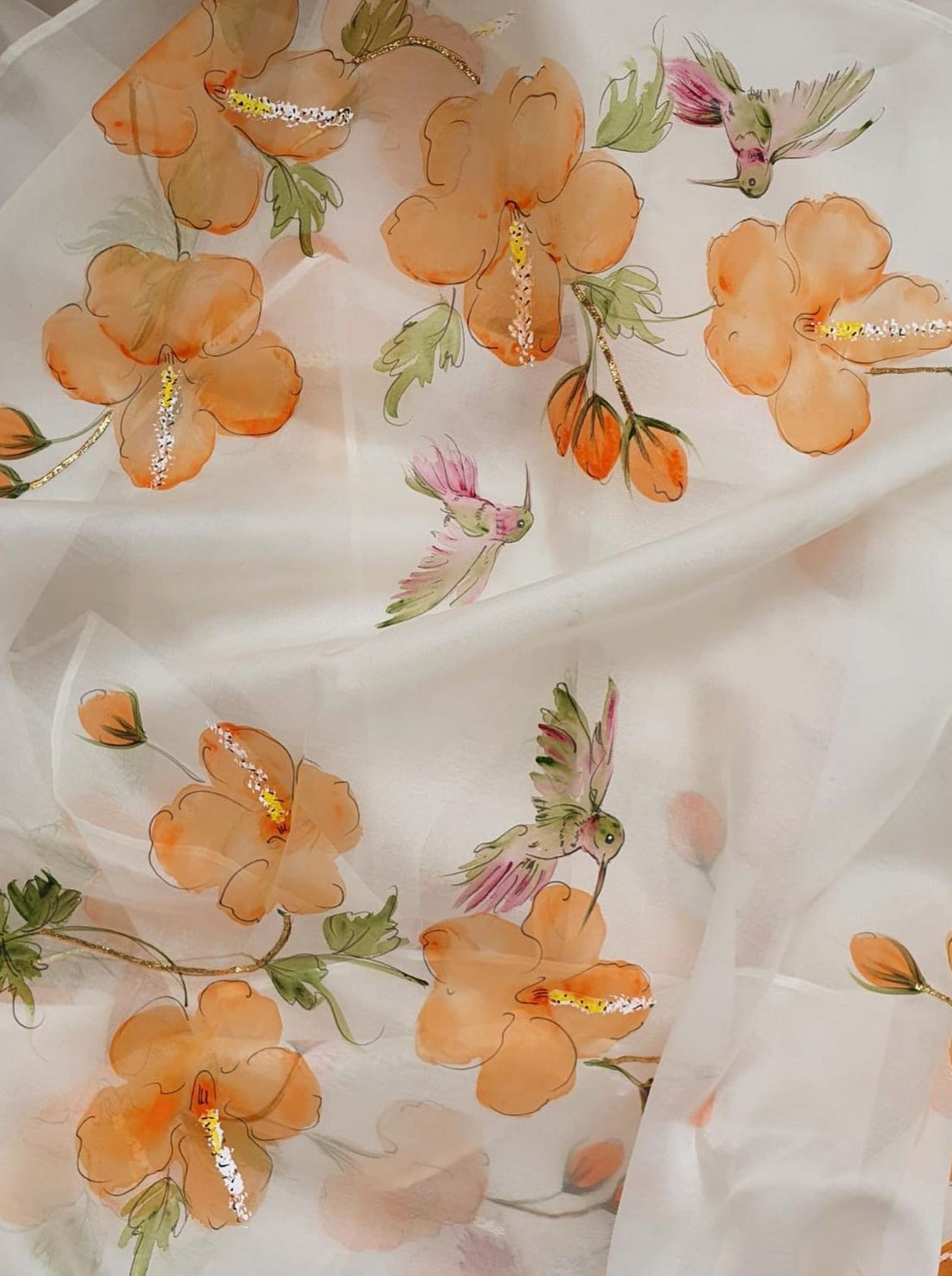 Humming Birds and Hibiscus Roses on Ivory Organza Saree