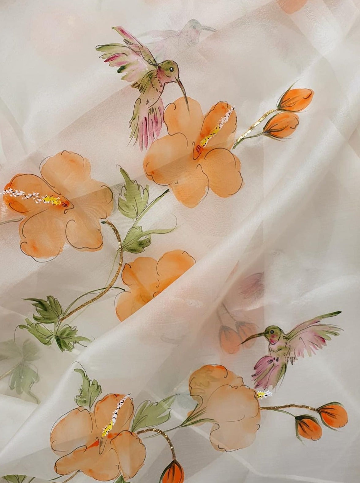 Humming Birds and Hibiscus Roses on Ivory Organza Saree