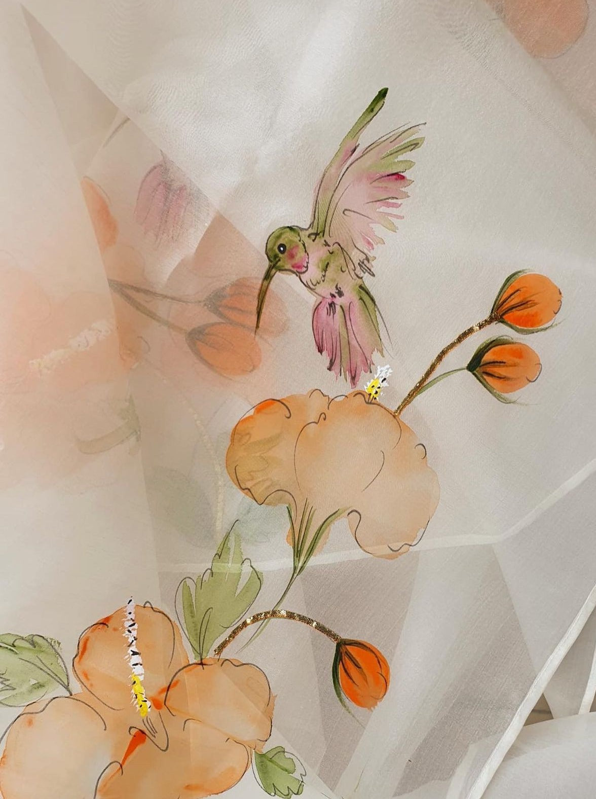 Humming Birds and Hibiscus Roses on Ivory Organza Saree