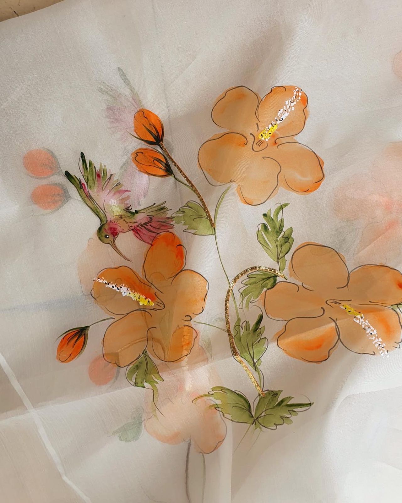 Humming Birds and Hibiscus Roses on Ivory Organza Saree