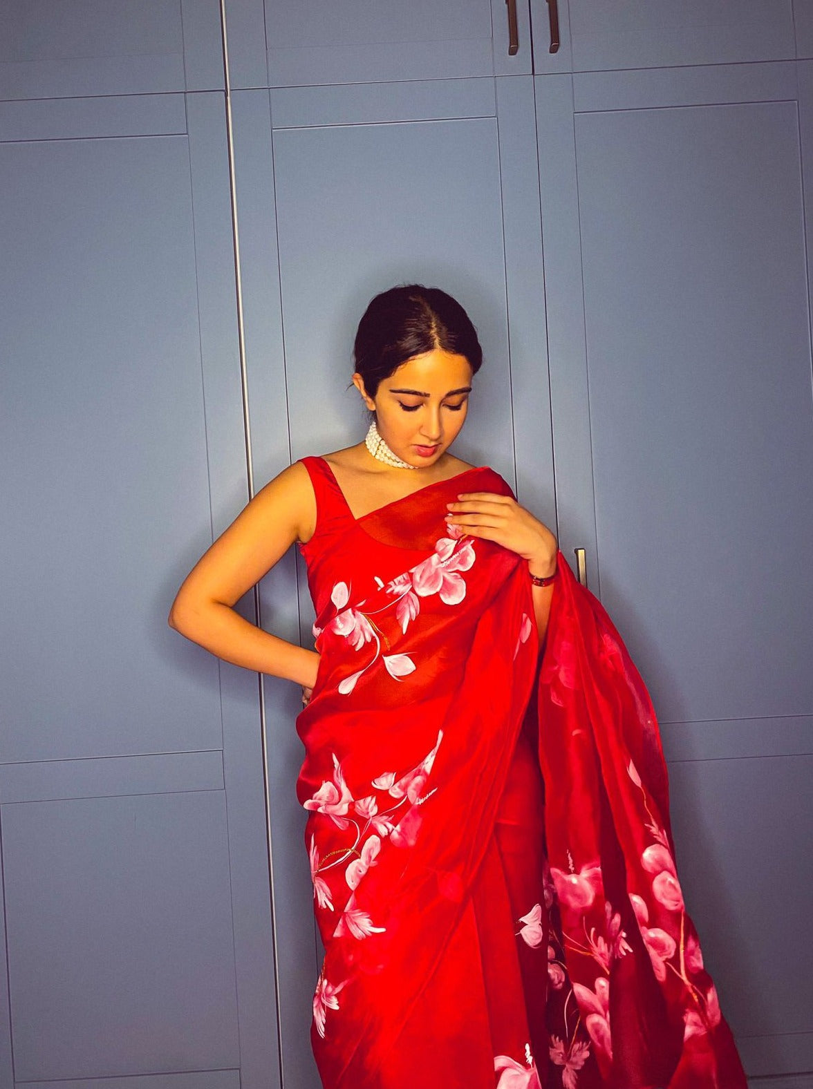 Hibiscus Roses on Red Organza Saree