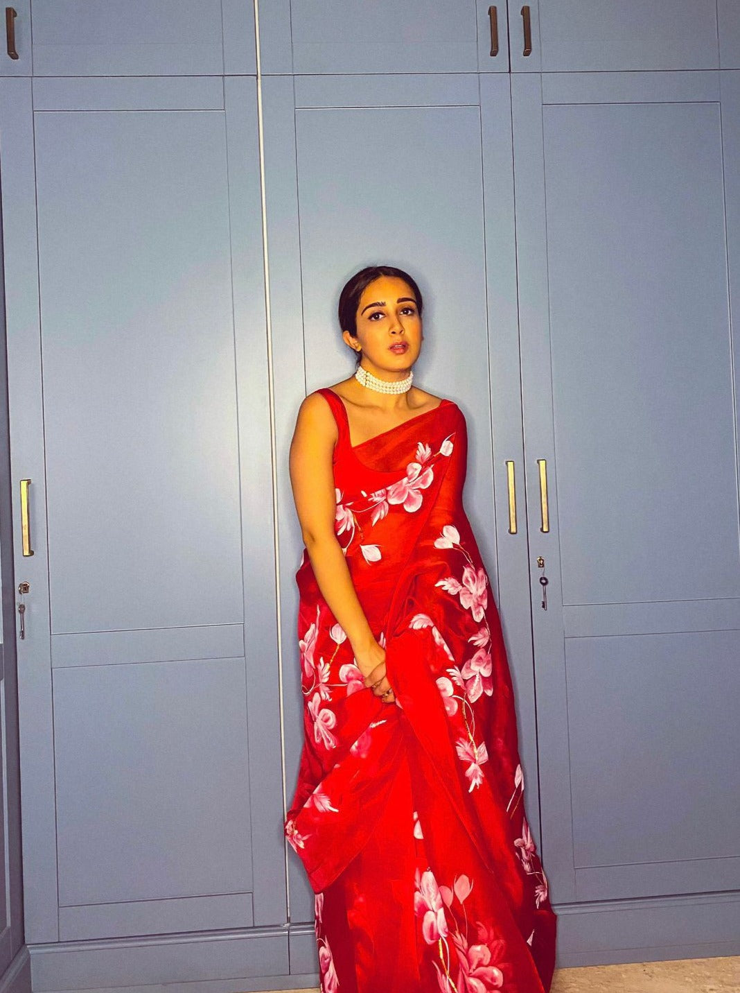 Hibiscus Roses on Red Organza Saree