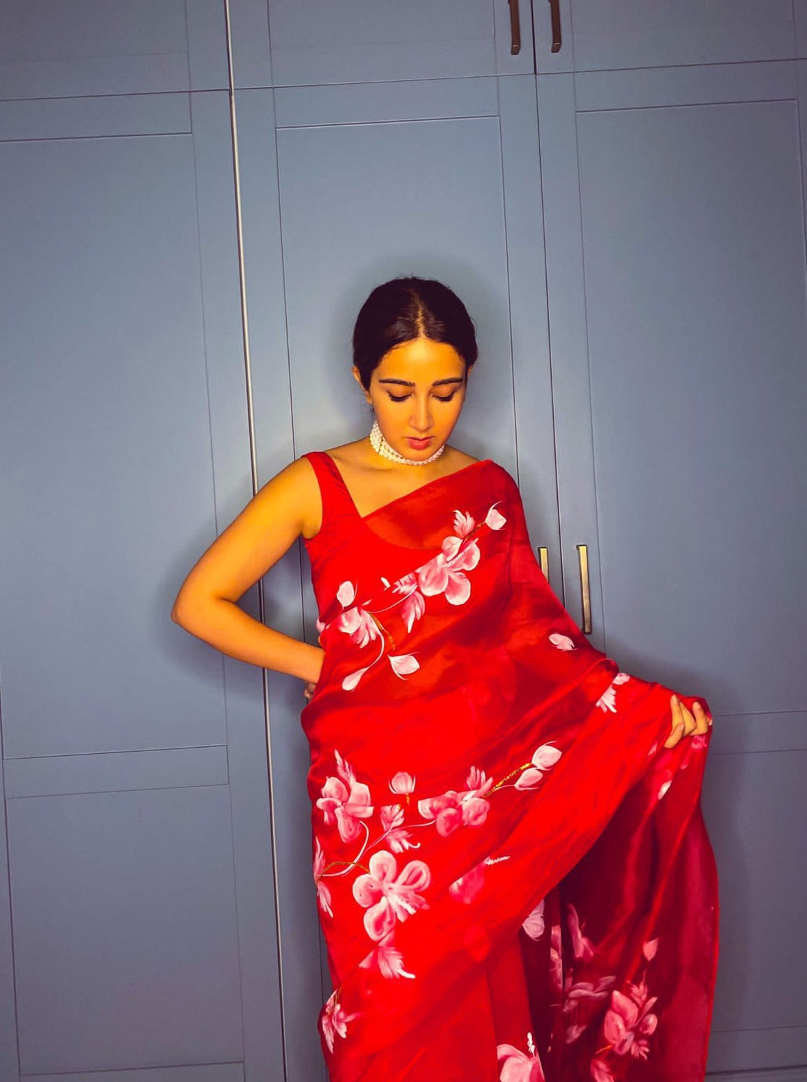 Hibiscus Roses on Red Organza Saree