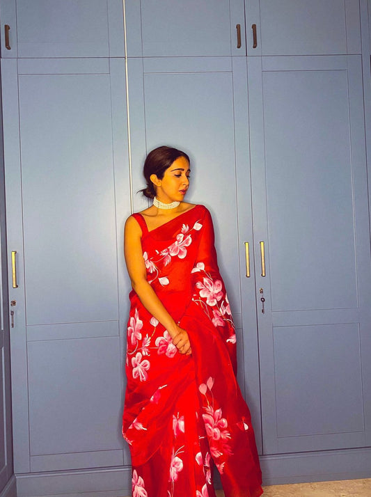 Hibiscus Roses on Red Organza Saree