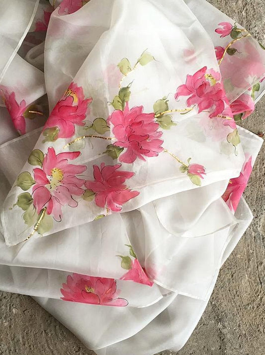 Peonies on Ivory Organza Saree