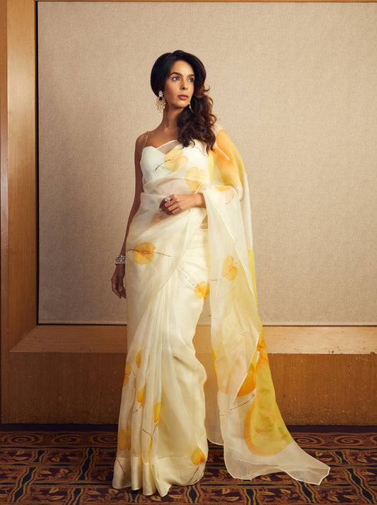 Flamingo flowers on Lemon Organza Saree