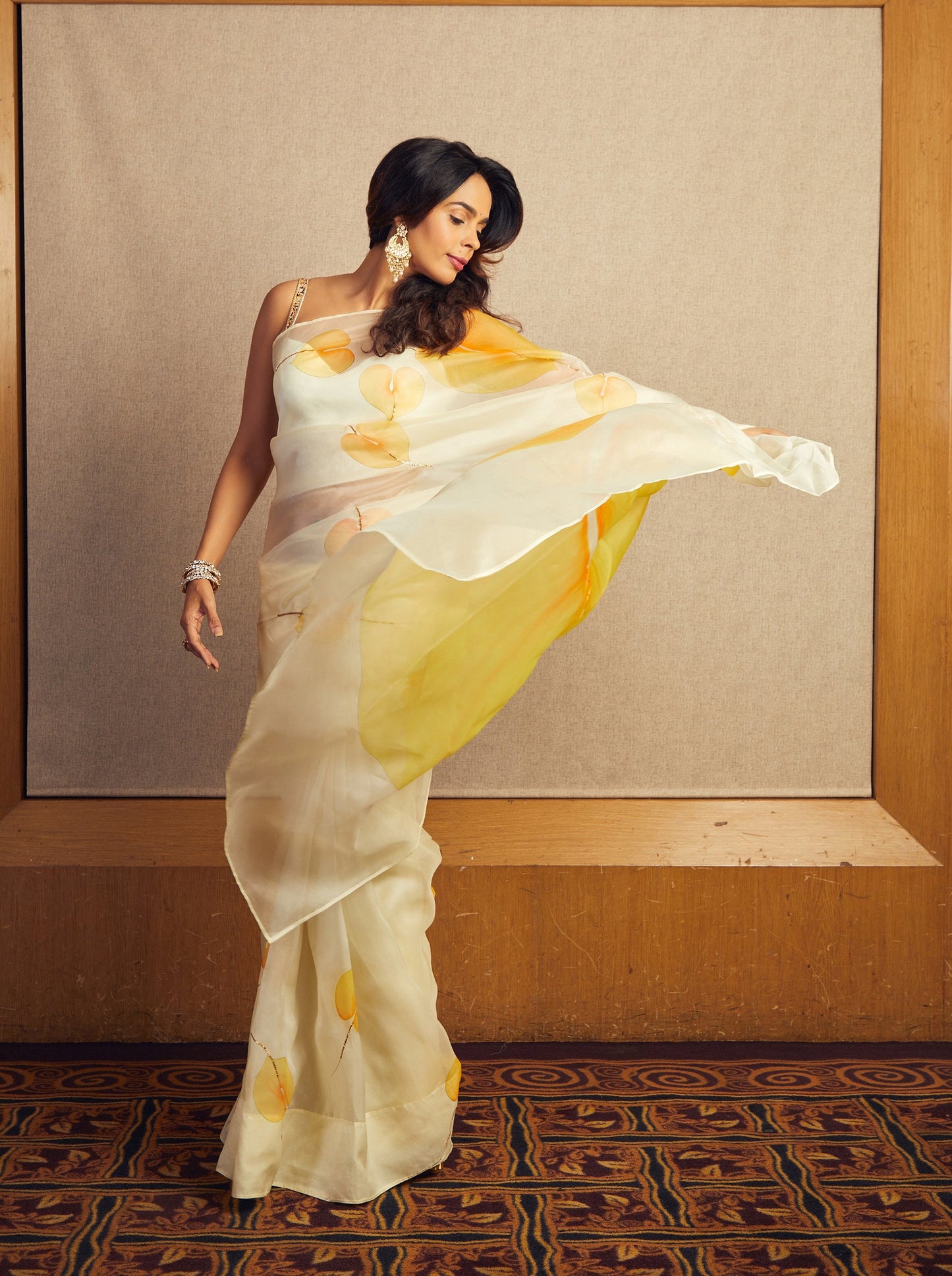 Flamingo flowers on Lemon Organza Saree