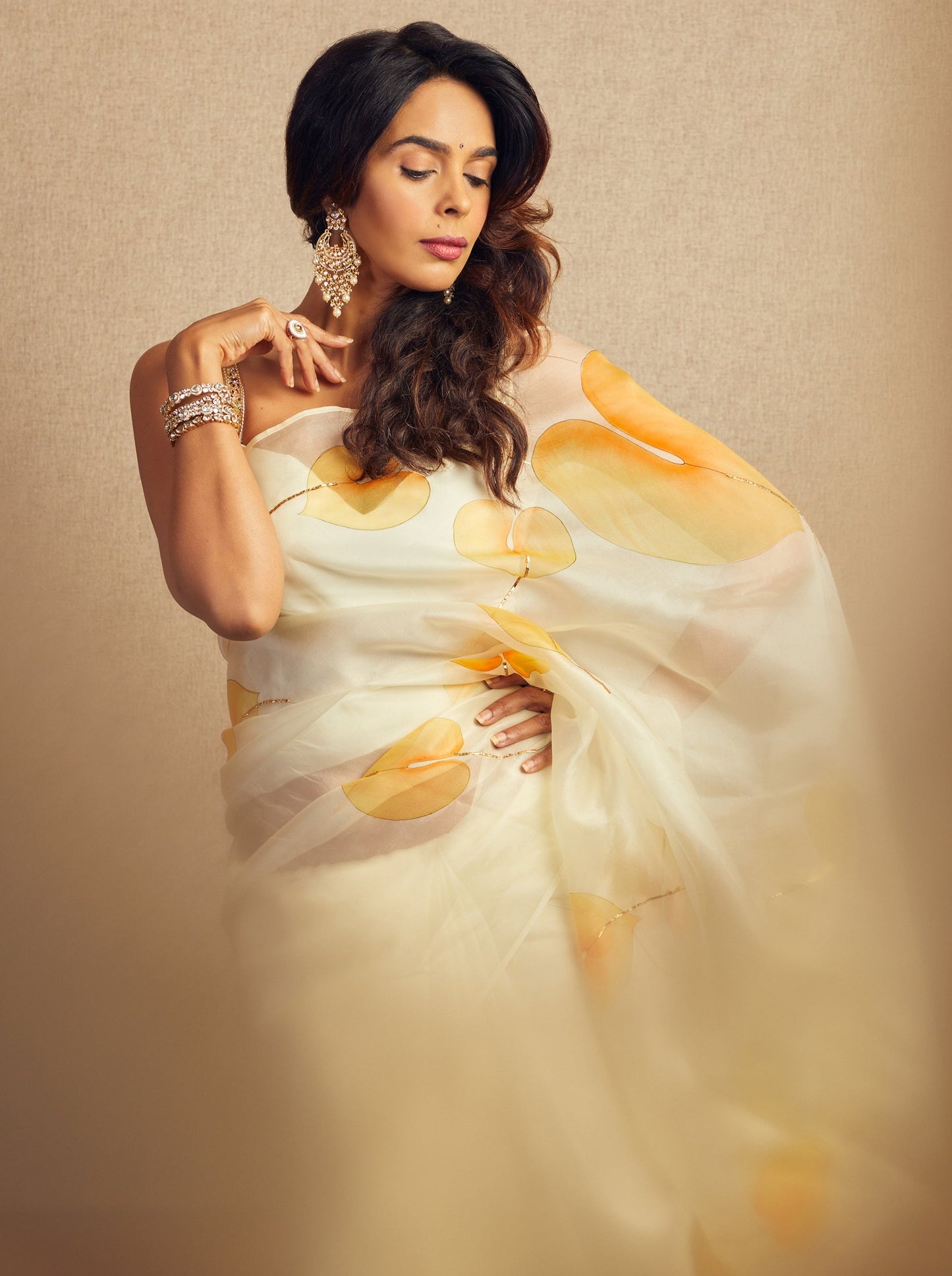 Flamingo flowers on Lemon Organza Saree