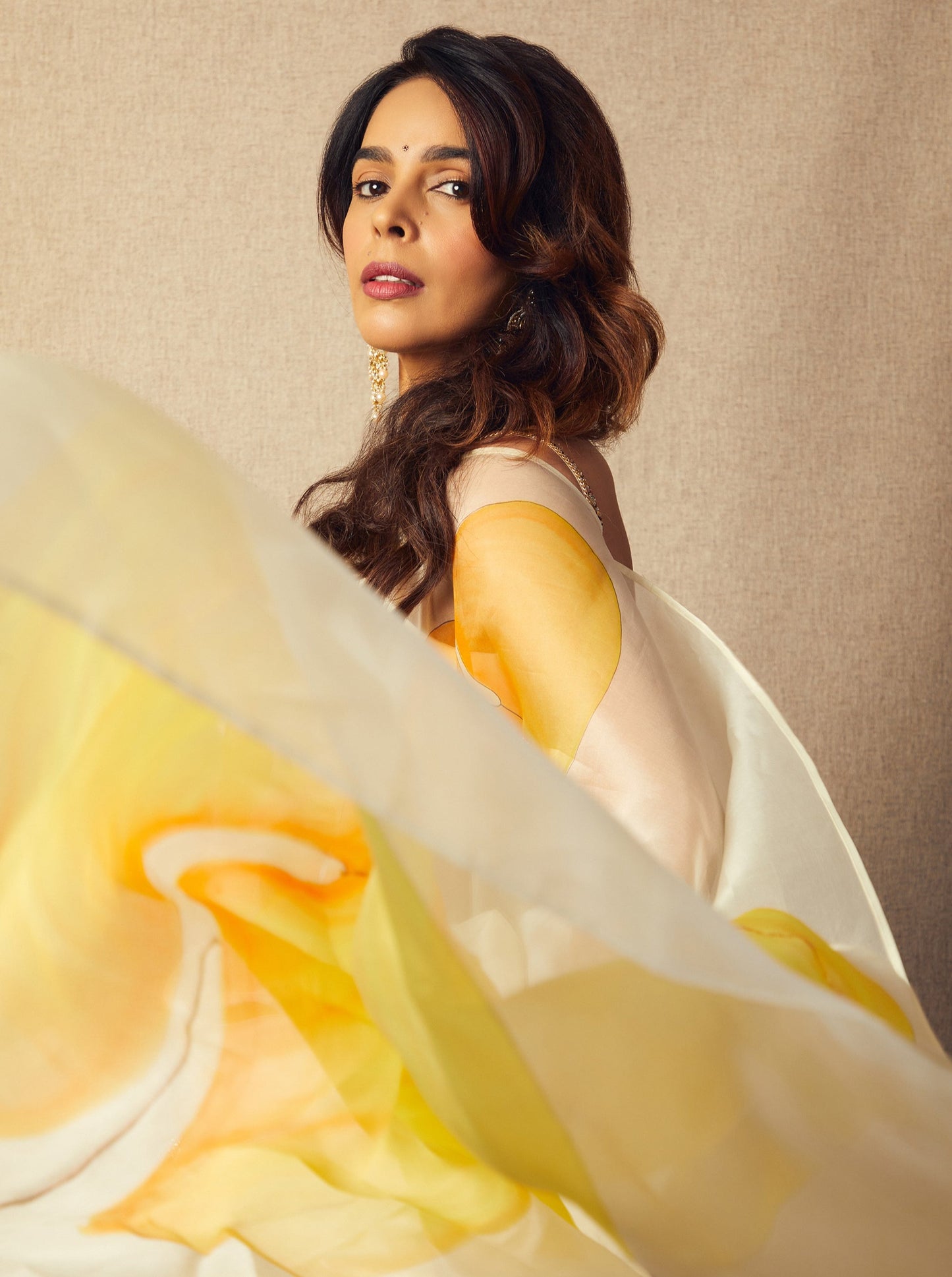 Flamingo flowers on Lemon Organza Saree