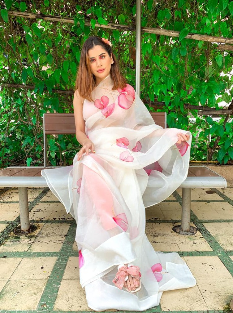 Anthuriums on White Organza Saree