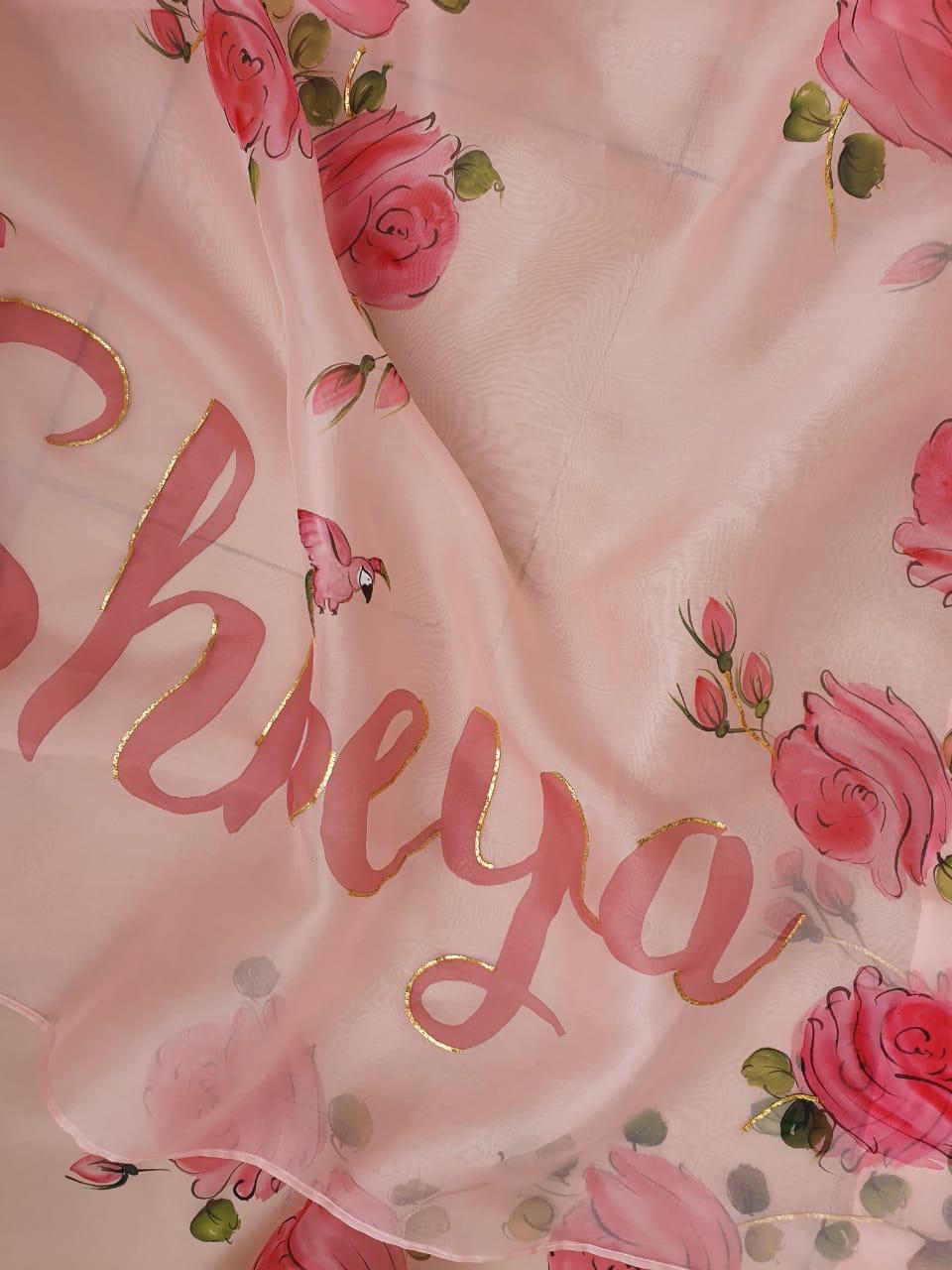 Custom Name on Rosepink Organza Saree