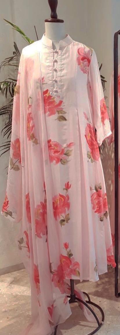 Peonies on Dull Rose Silk Kurta and Chiffon Dupatta