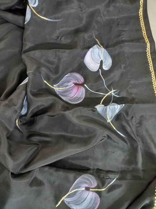 Shaded Anthuriums on Black Silk Saree with border