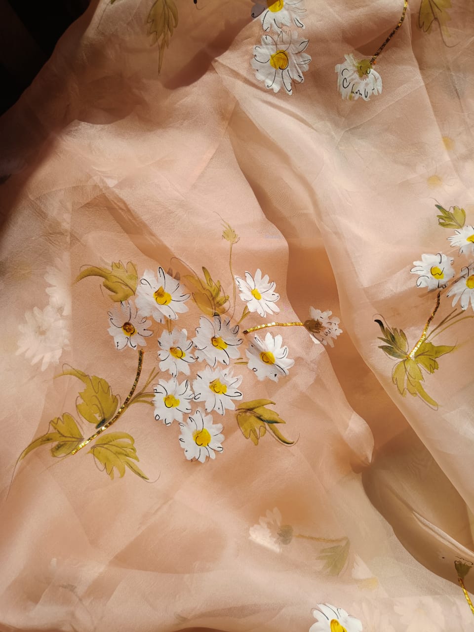 Daisies on Dull Rose Organza Saree