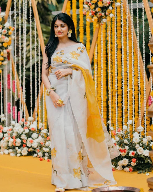 Yellow Lily on Grey Organza Saree