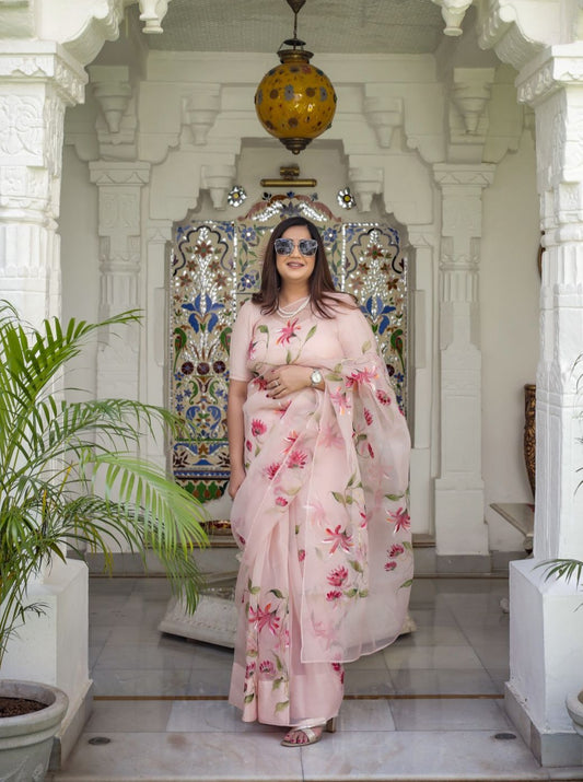 Honey Suckle's on Dull Rose Organza Saree