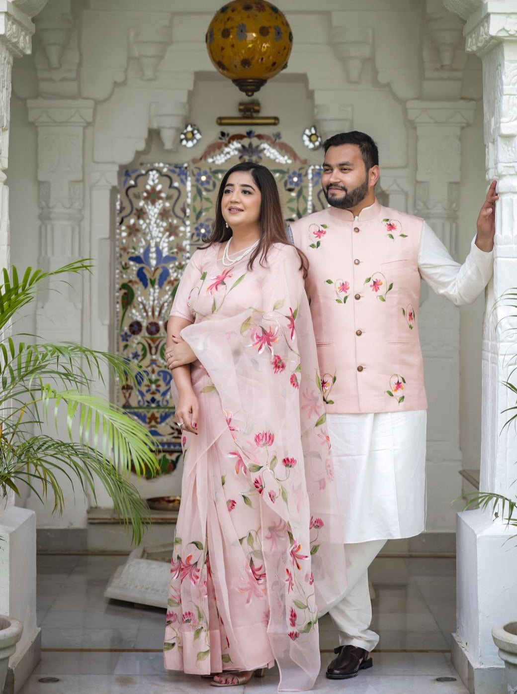 Honey Suckle's on Dull Rose Organza Saree