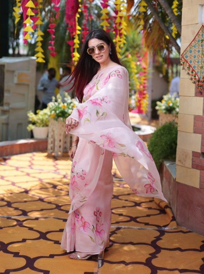 Lilies on Rosepink Organza Saree
