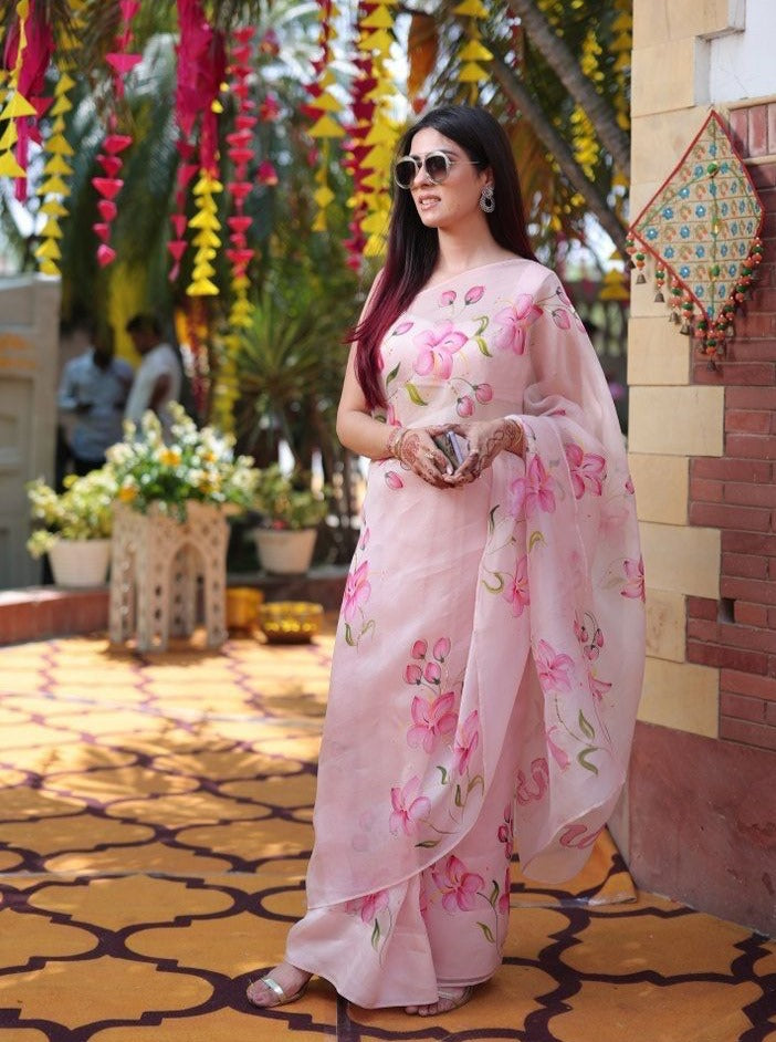 Lilies on Rosepink Organza Saree