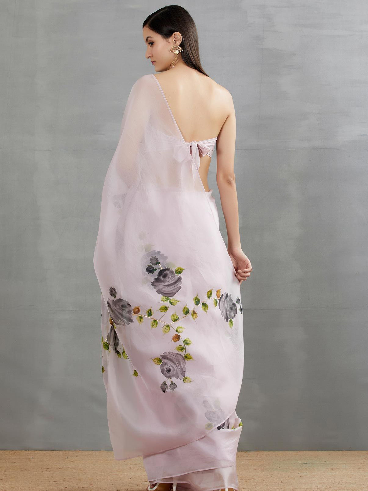Black Roses On Lilac Organza Saree