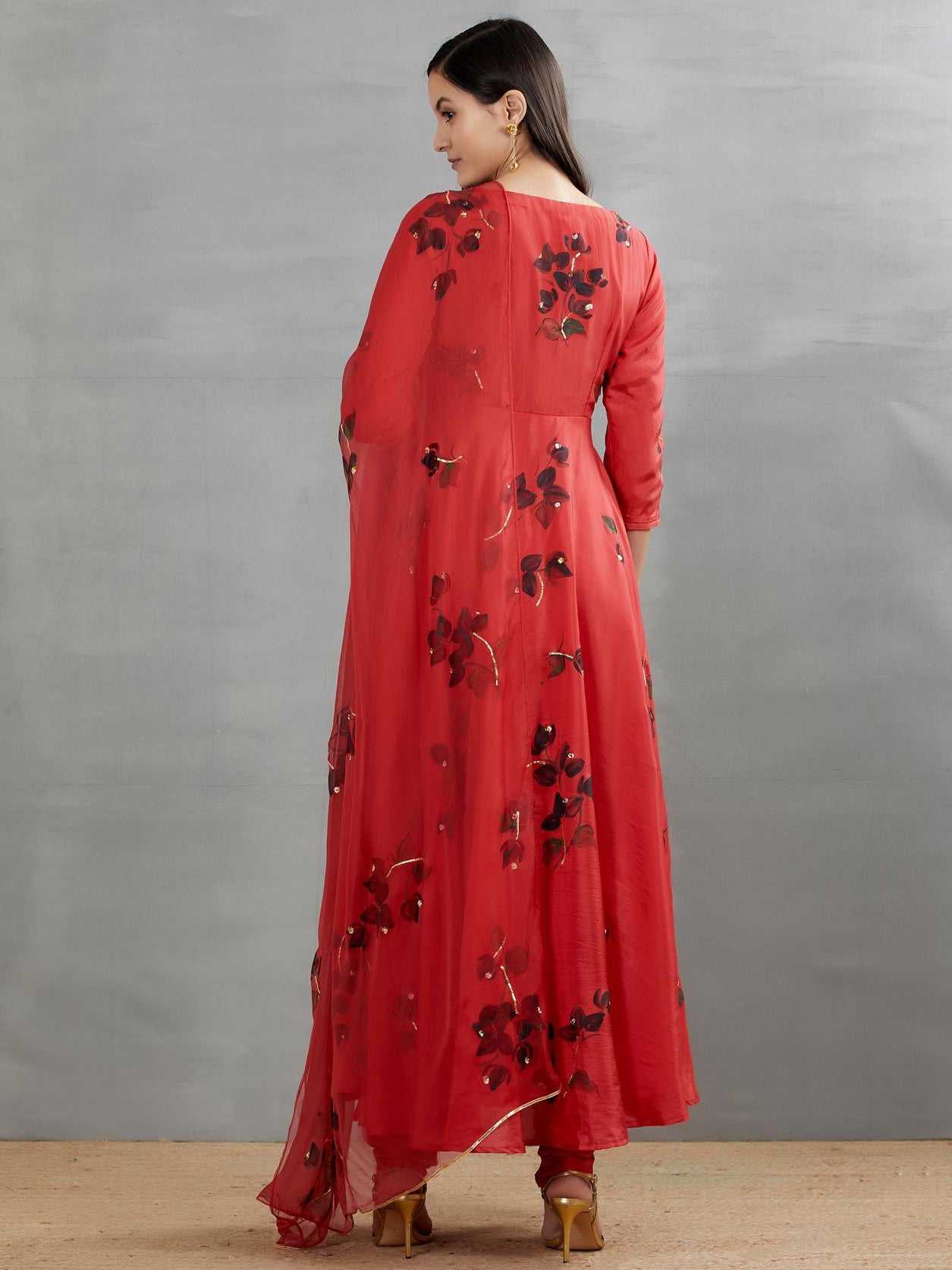 Black Bougainville's On Red Silk Flared Kurta