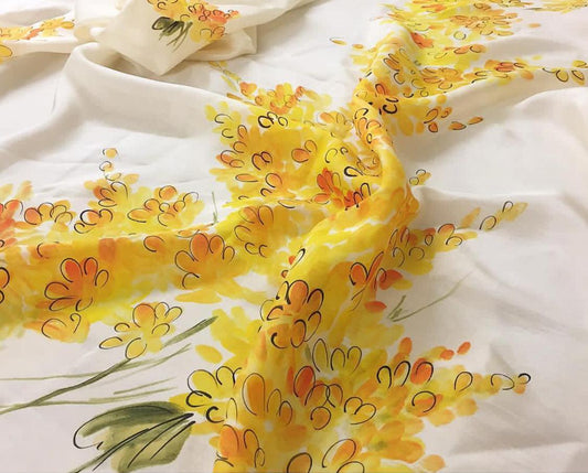 Yellow Muscari on Ivory Silk Saree