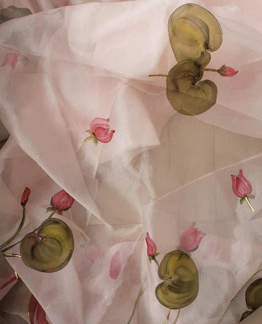 Lotus Flowers on Dull Rose Organza Saree