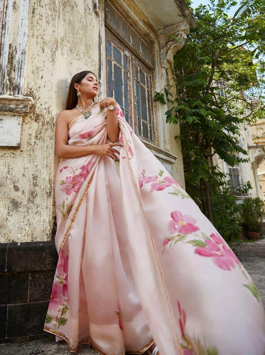 Hibiscus on Dull Rose Silk Saree with border