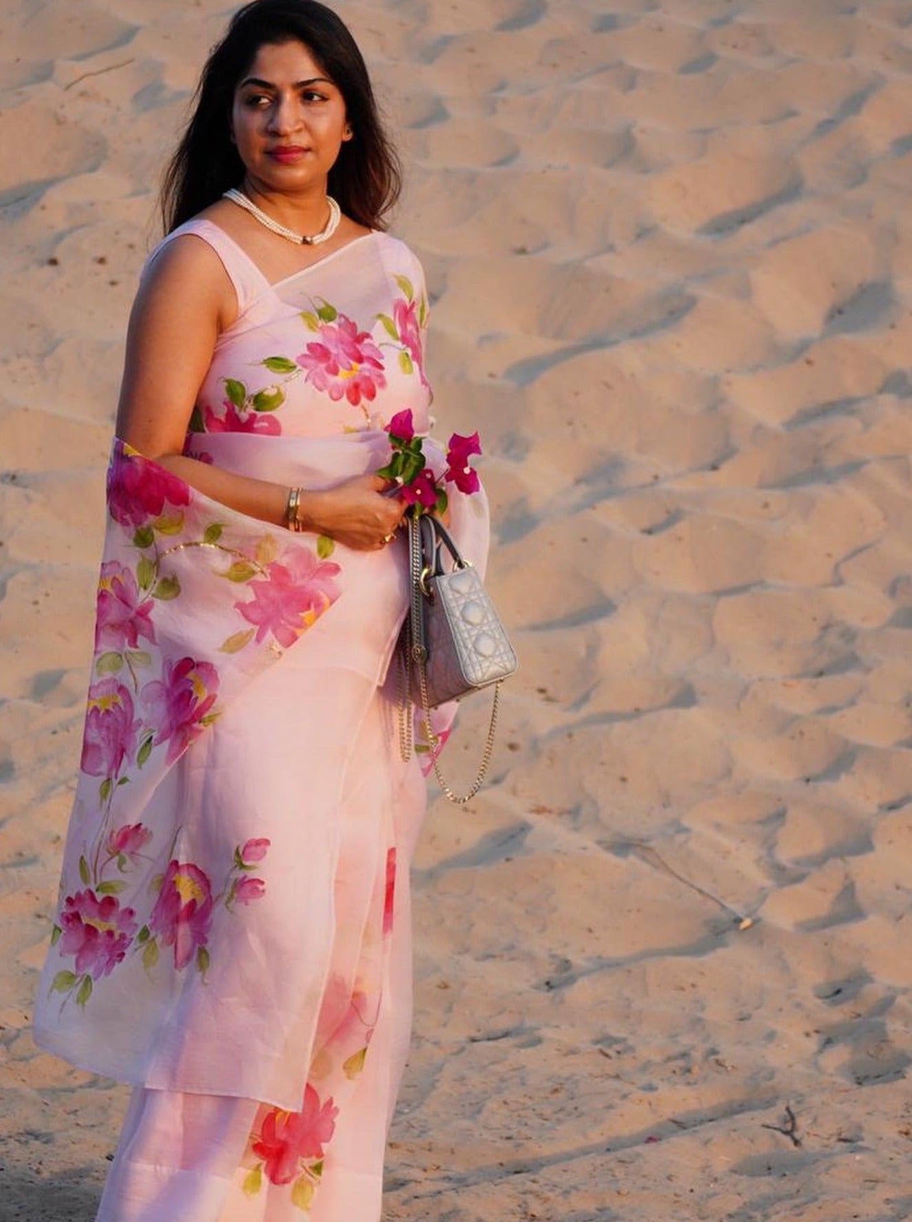 Pink Peonies on Baby Pink Organza Saree